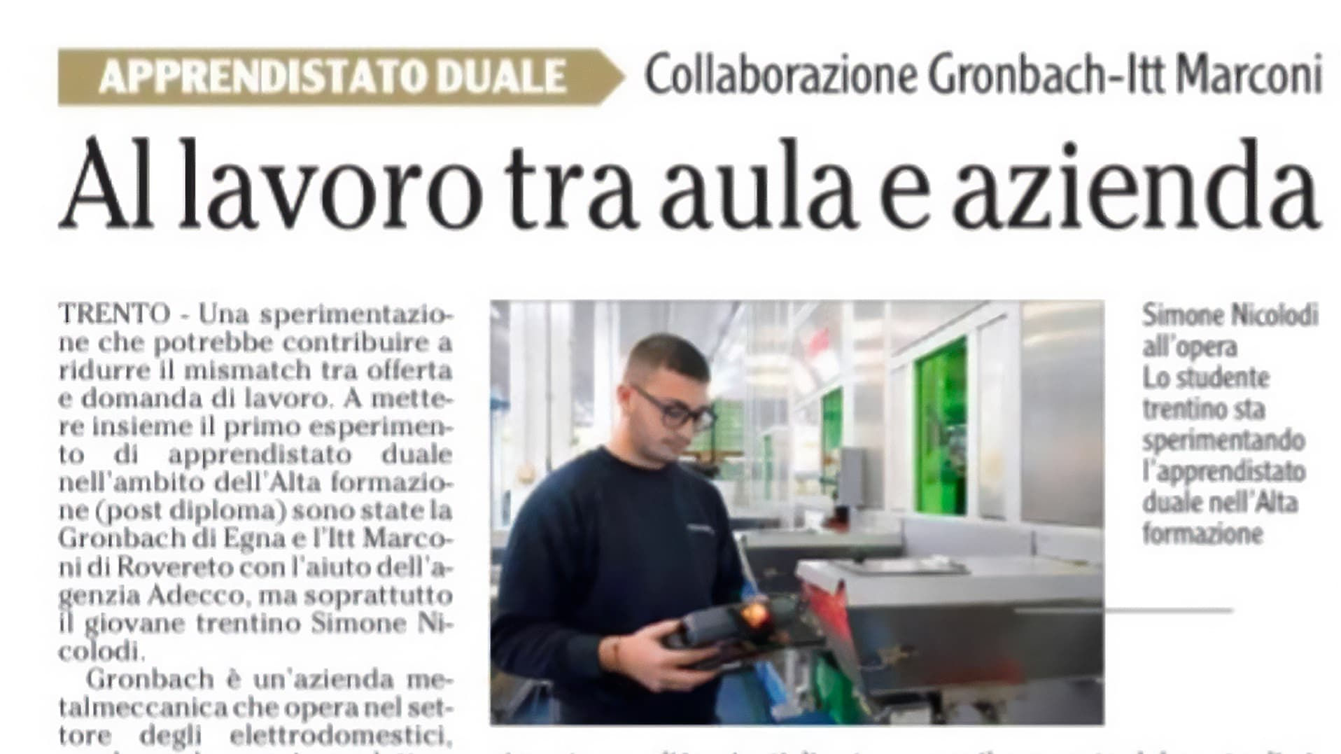 Al lavoro tra aula e azienda – L’Adige del 16 novembre 2024